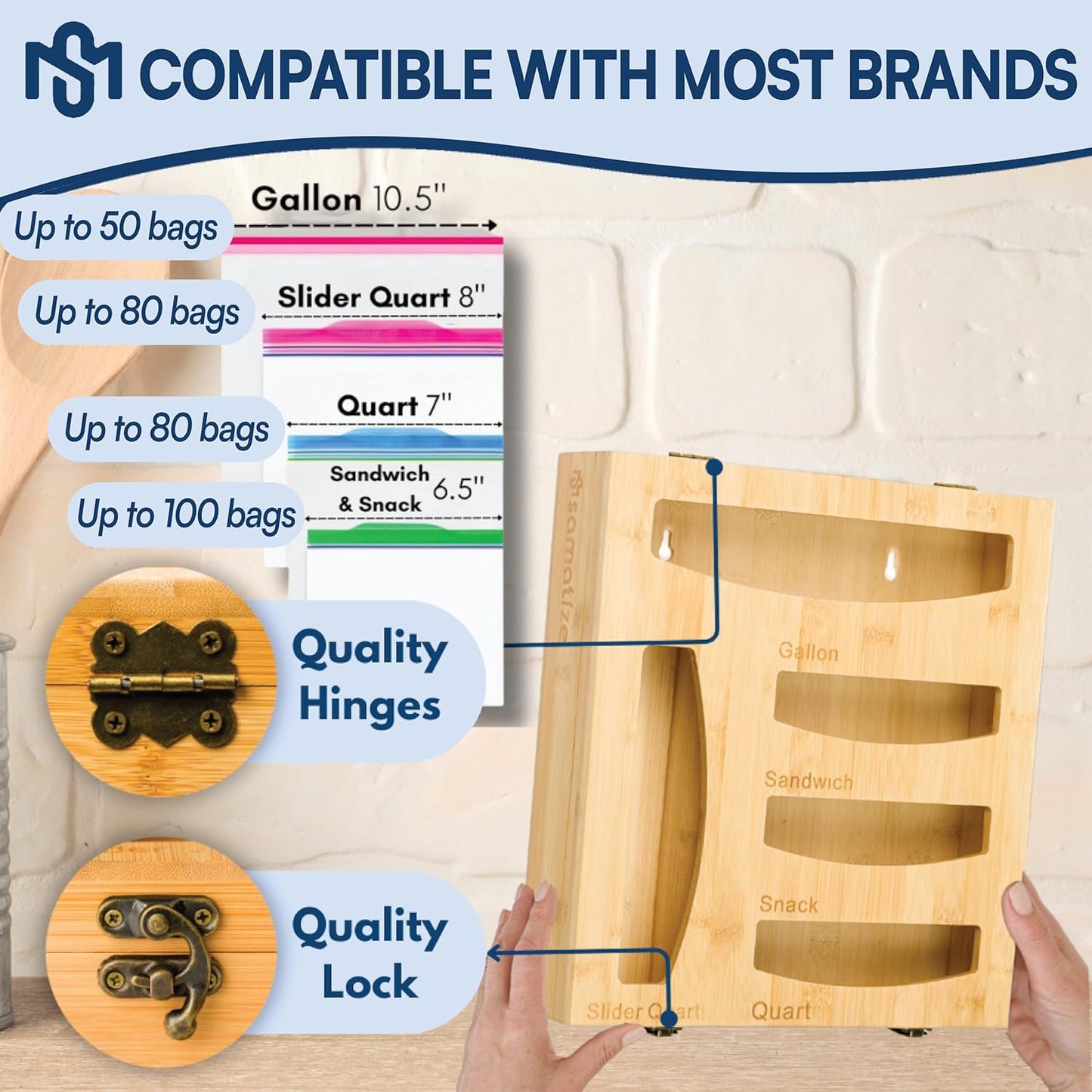 Storage Bag Holder, Baggie Organizer for Drawer or Wall Mount, Compatible with Gallon, Quart
