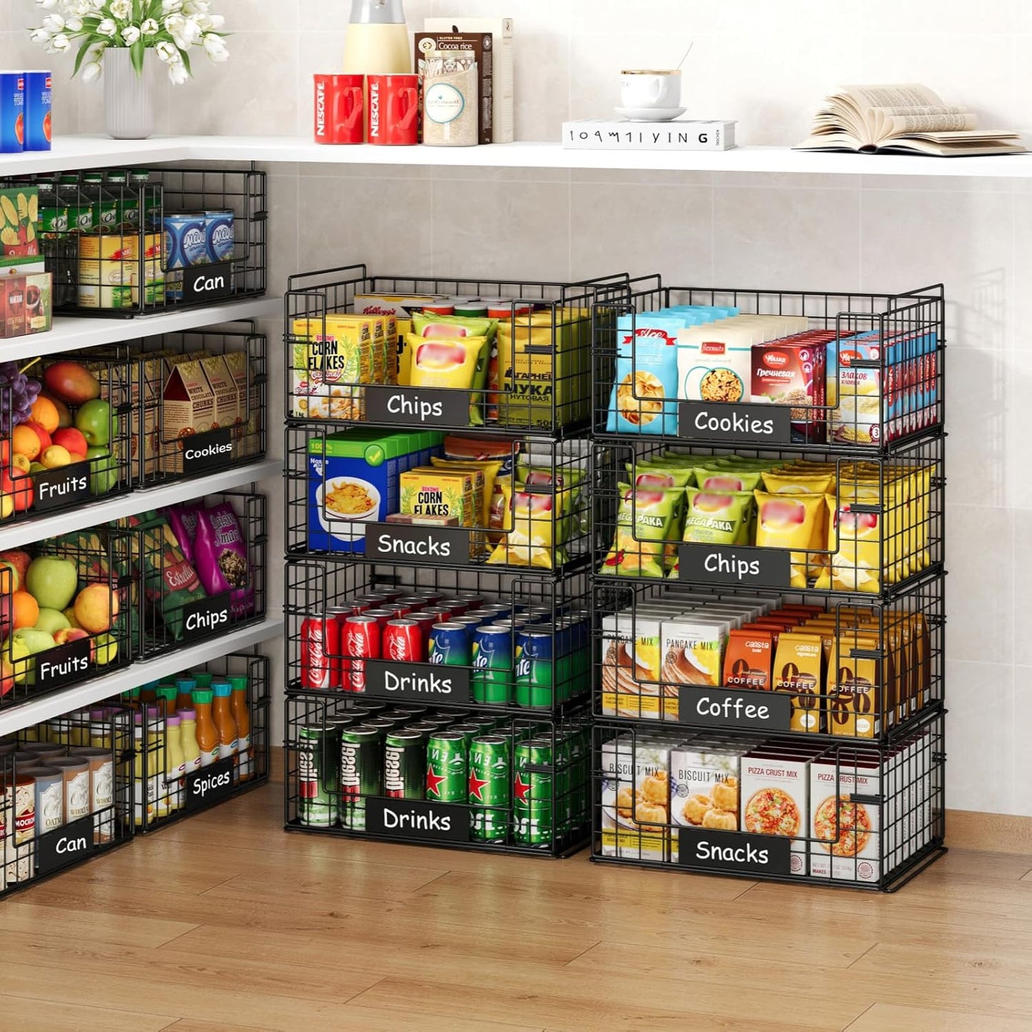 4 Pack XXL Stackable Wire Baskets with Handles for Pantry Storage and Organization,Fruit and Vegetable Basket with Name Plates,Metal Storage Bins for Snack Can Fruit Veggies