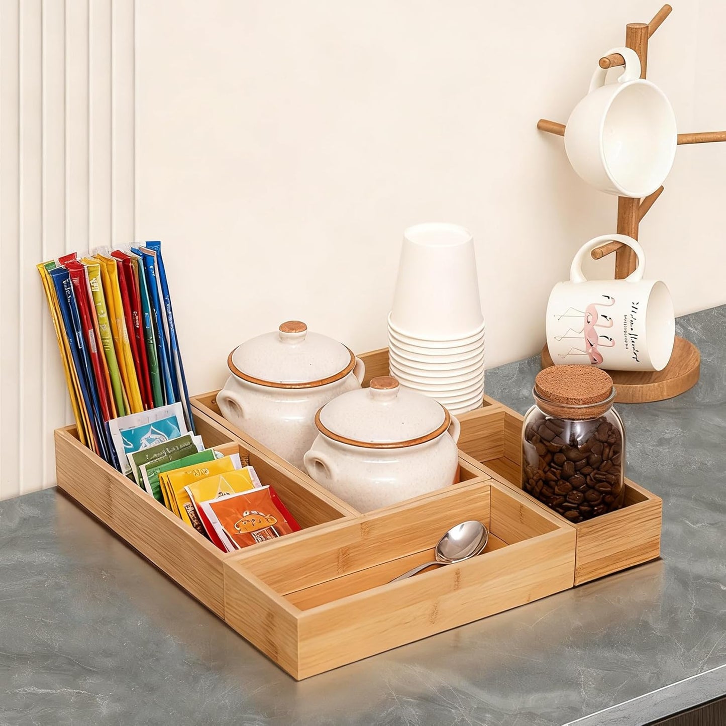 Bamboo Drawer Organizers Set, 3PCS Multi-Use Wood Storage Organizers, Desk Drawer Tray for Kitchen