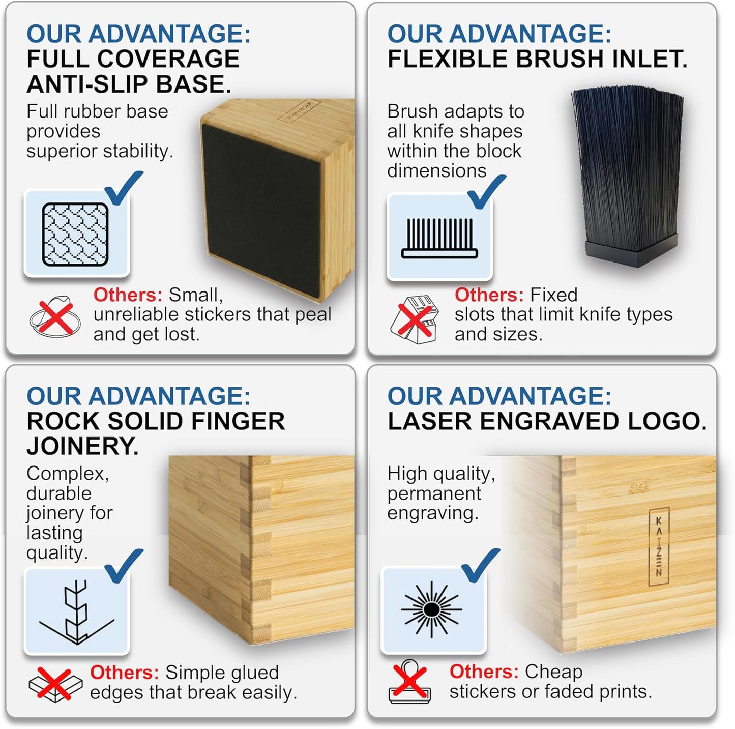 KAIZEN Bamboo Knife Block Without Knives - Perfectly Sized Universal Knife Holder for Knives
