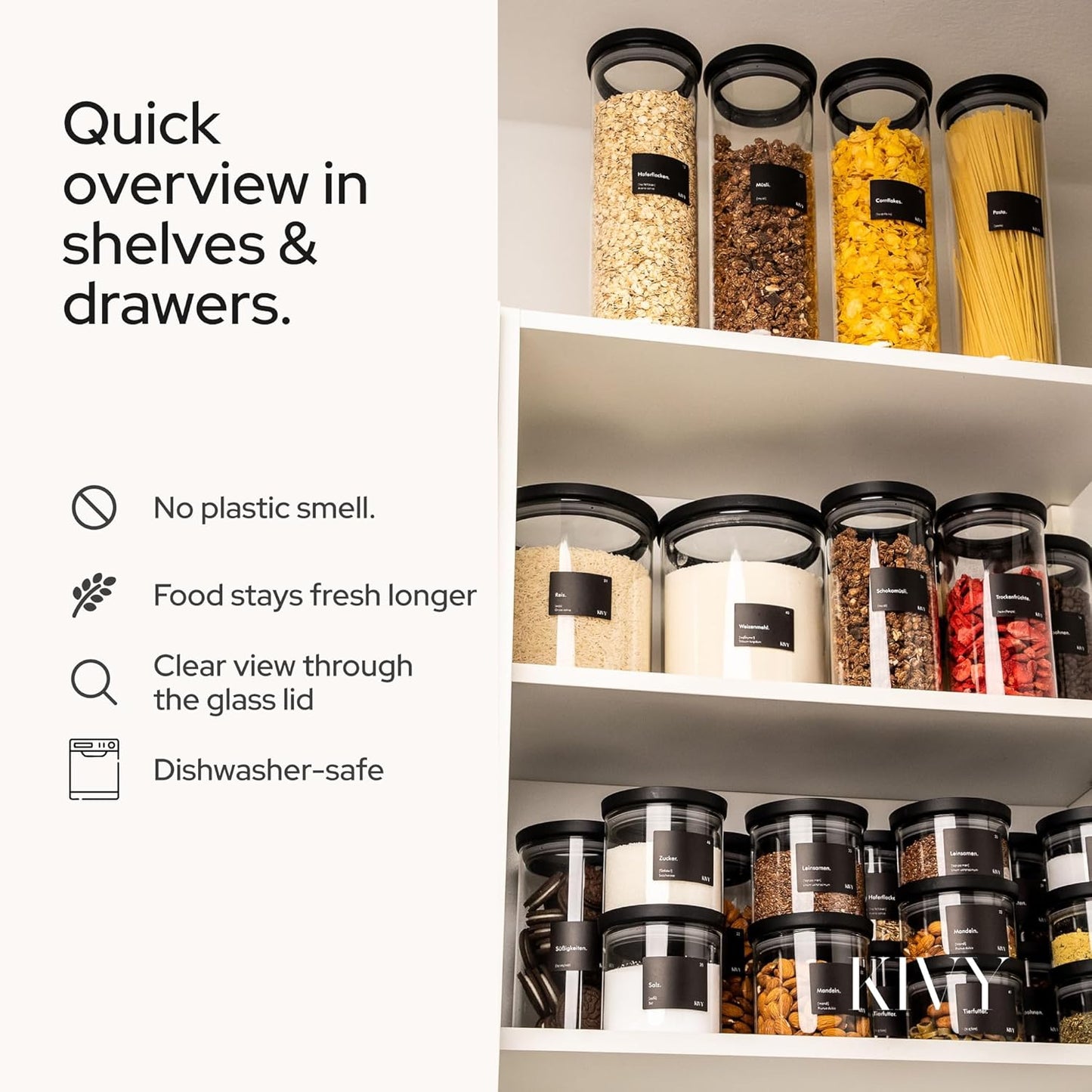 Airtight Glass Jars with Lids & Labels [3x 40oz] Stackable Glass storage jars with airtight lids