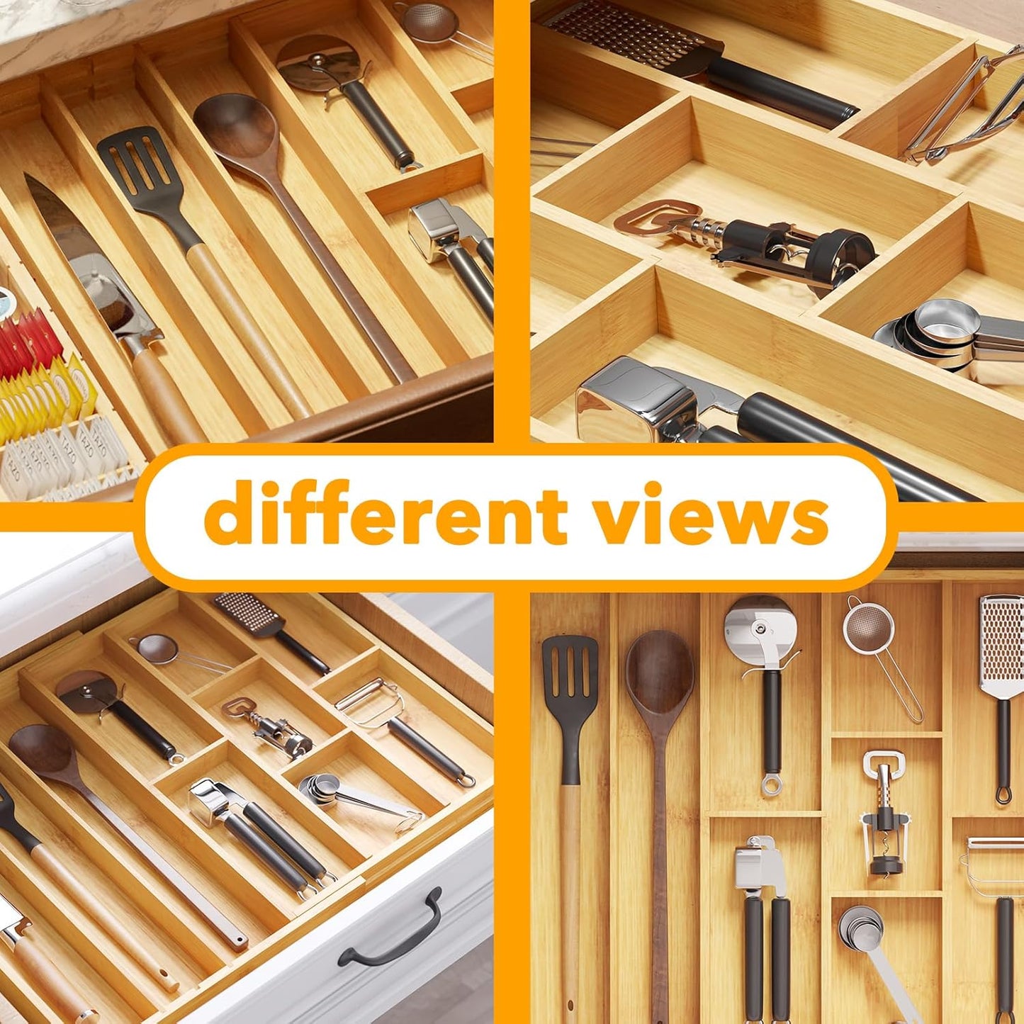 Bamboo Utensil Drawer Organizer with Labels