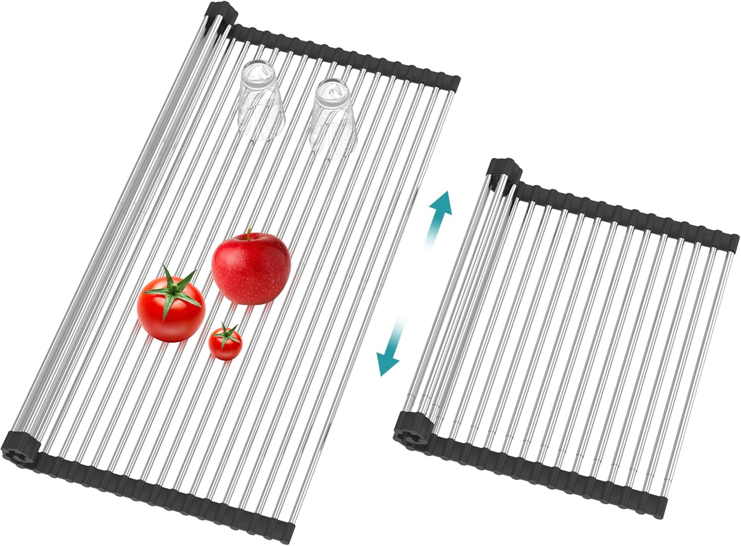 Extra Large Expandable Roll Up Dish Drying Rack,Over The Sink Drying Rack Sink Cover Kitchen Sink Accessories Kitchen Rolling up Stainless Steel Drainer, Foldable,Rollable（Black，22.8''-17.3''）