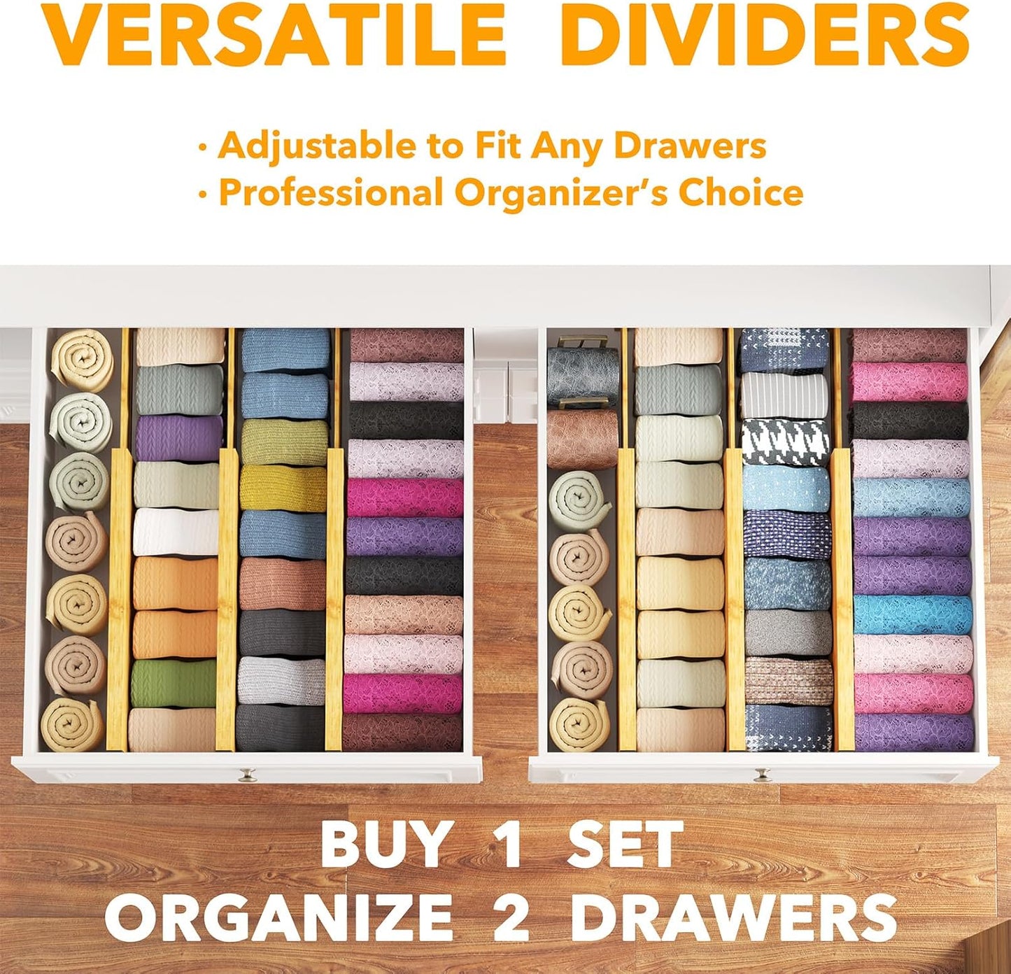 Bamboo Dresser Drawer Dividers 6 Pack, 4.65“ High Adjustable 12.5“-17” Drawer Organizers