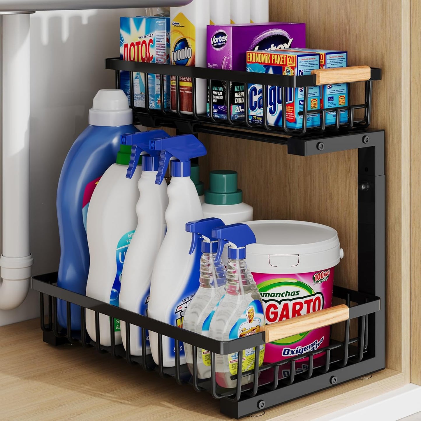 Under Sink Organizer Storage for Families: Pull Out Storage Undersink Organizers Drawer Cabinet