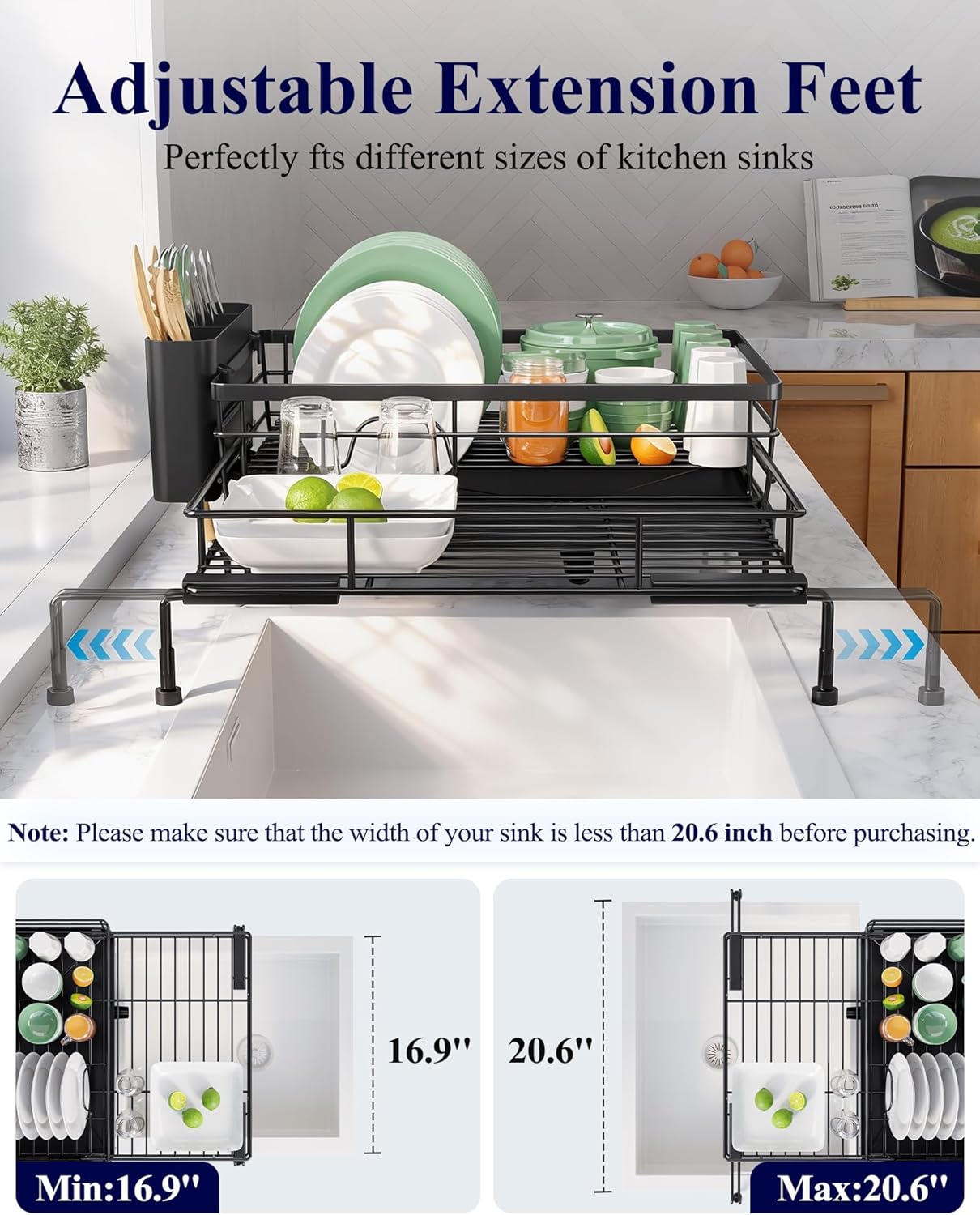 Extendable Dish Drying Rack - Rust-Resistant Dish Racks for Kitchen Counter with Adjustable Support Legs, Cutlery Holder & Removable Draining Tray (Black, 15.6''-25.2''L × 16.9''W × 8.1''H)