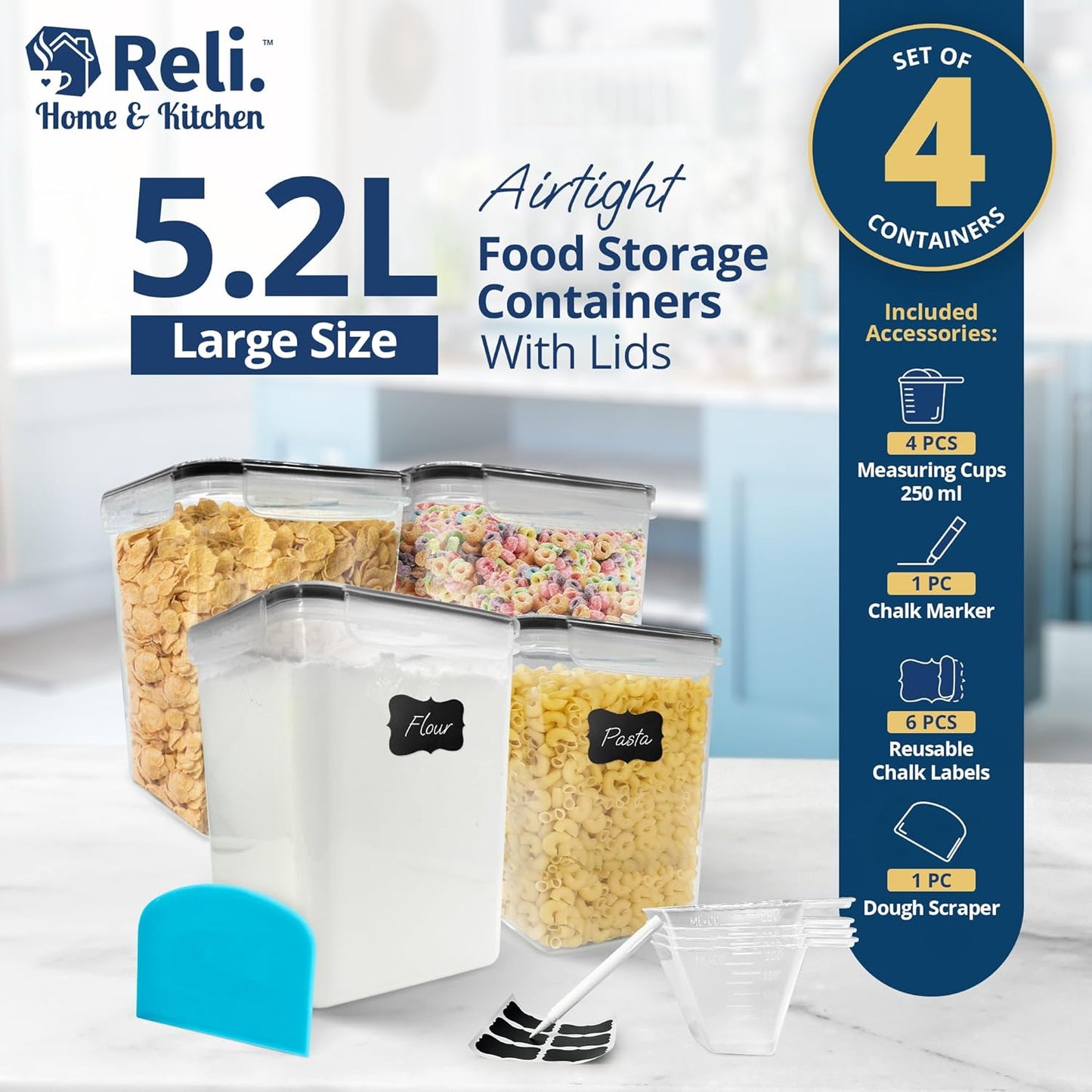 5.2L Airtight Food Storage Containers with Lids (4 Sets) | Kitchen Organizers and Storage Pantry Organizers | BPA Free Plastic Container Set w/ 4 Measuring Cups, Dough Scraper, 6 Labels, Pen