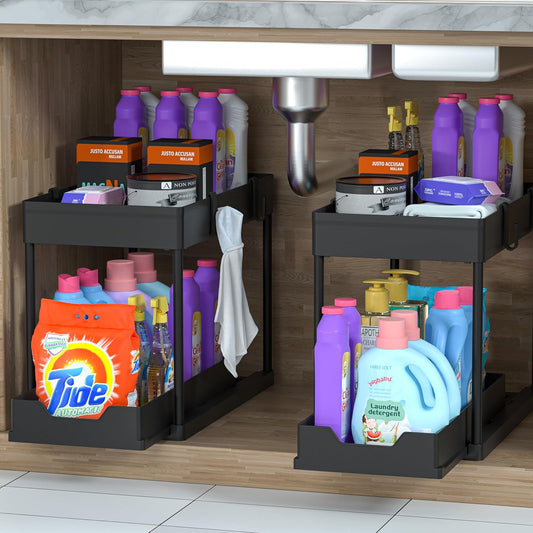 2 Pack Under Sink Organizer, 2 Tier Bathroom Cabinet Organizer with Sliding Basket