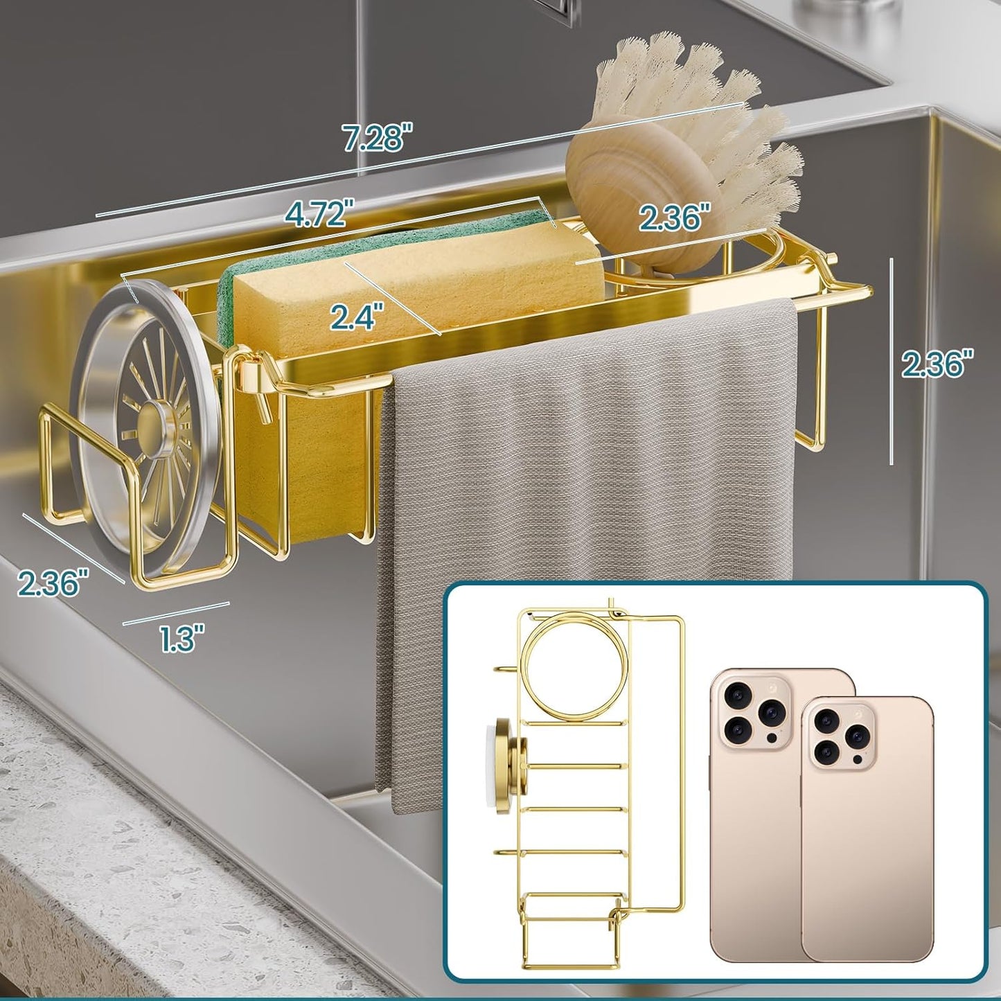 Sponge Holder with Strong Suction Cup, 4-in-1 Rustproof Sink Organizer - Sink Caddy Holds Sponges