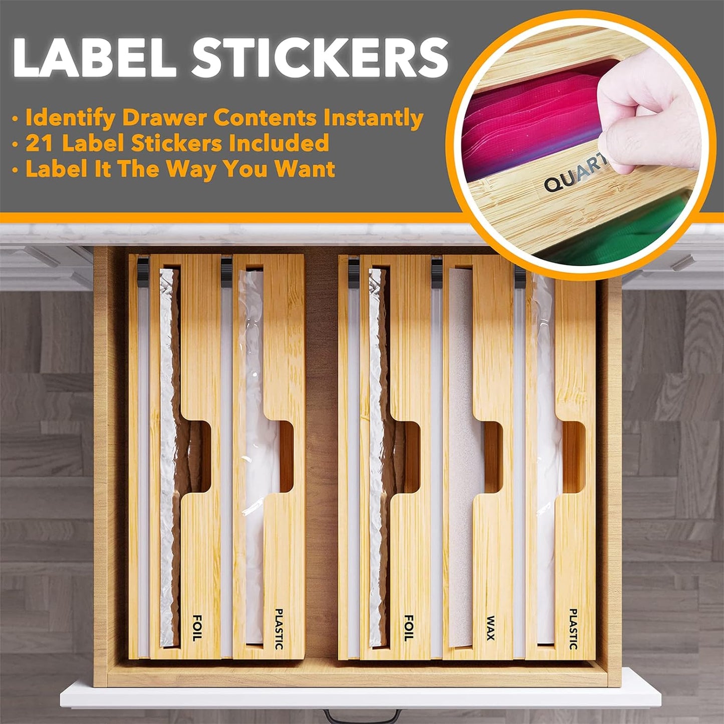 WrapNeat 2 in 1 Wrap Organizer with Cutter and Labels, Plastic Wrap