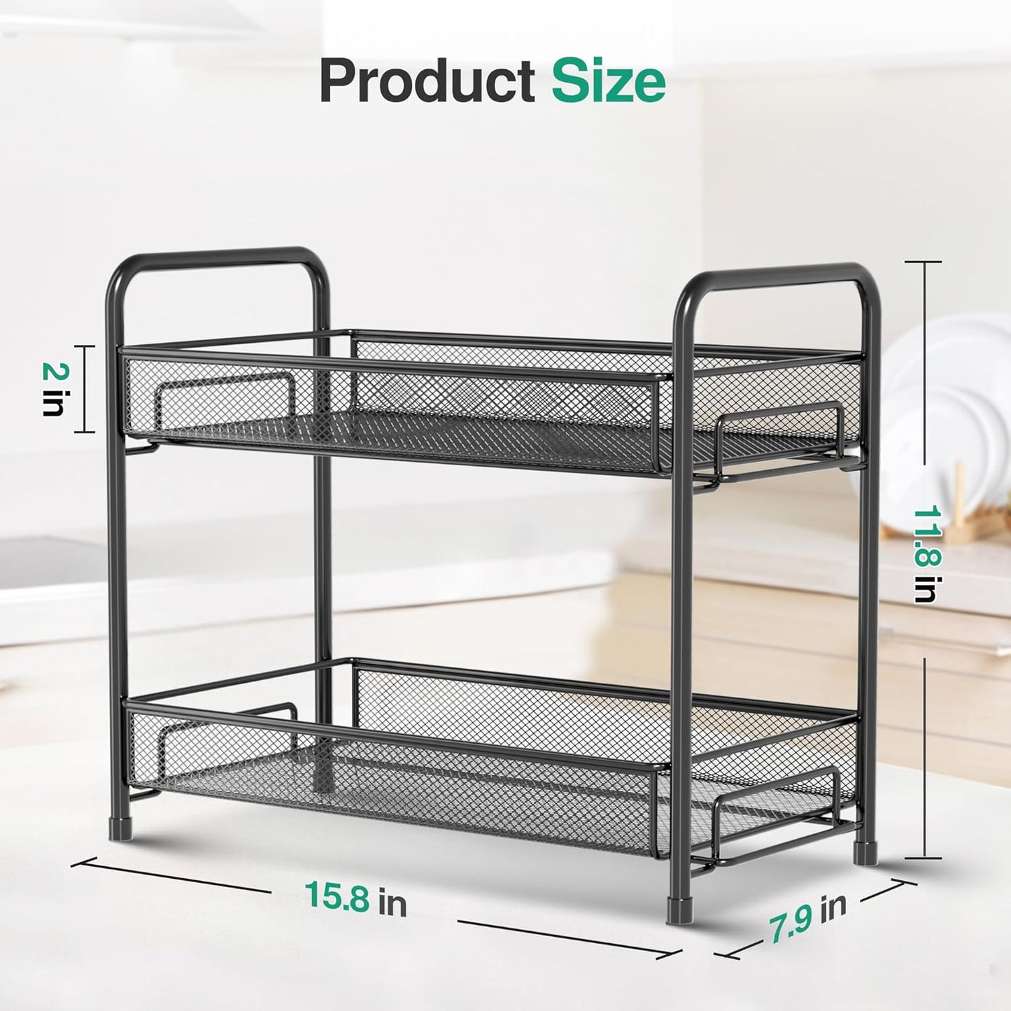 Spice Rack Organizer for Countertop,Xpatee 2-Tier Foldable Metal Rust-Proof Standing Large Seasoning Storage Shelf with Guardrail and Mesh Design for Kitchen Cabinet Bathroom Living Room Pantry, Black
