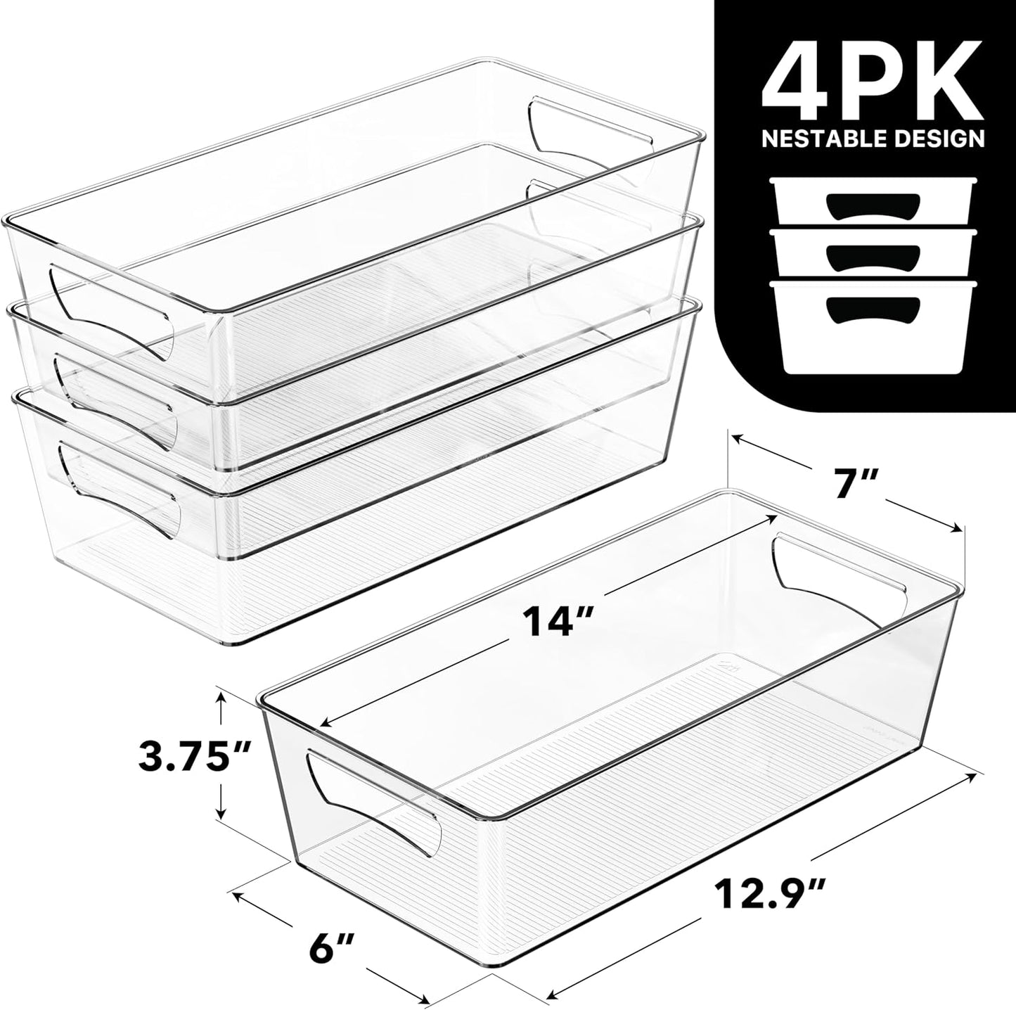 4 Pcs Pantry Clear Bin Storage Organizer, 14" x 7" x 3.75"
