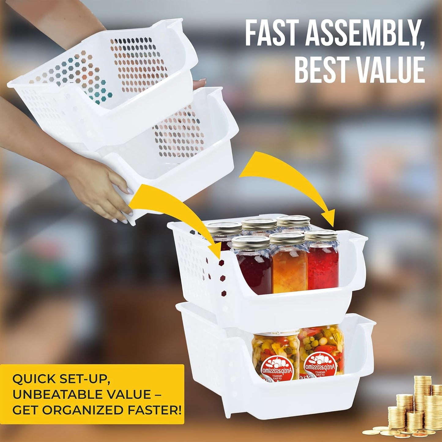 TidyFriend Stackable Storage Bins for Pantry, 4 Pack Stackable Bins For Organizing Food, Kitchen