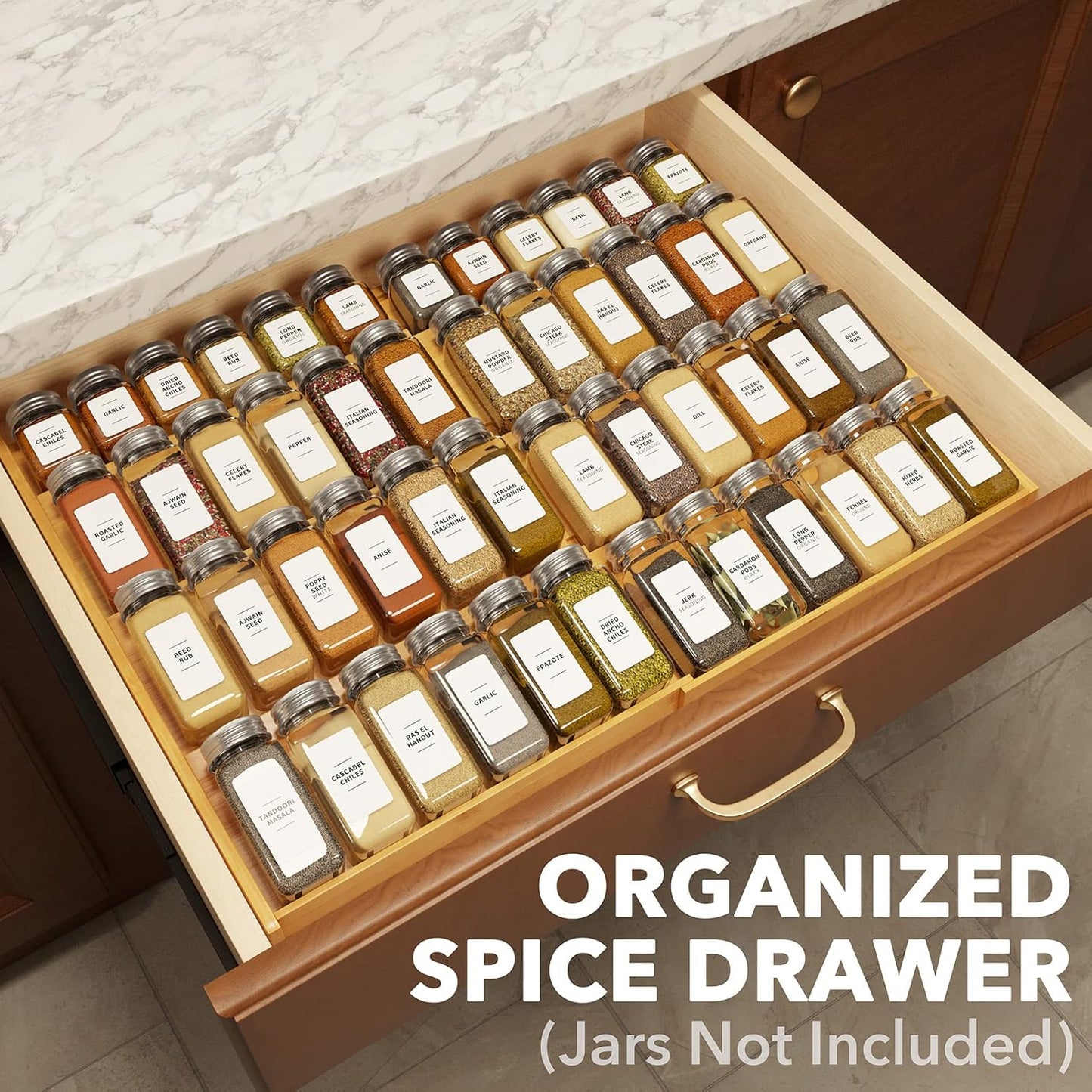 Bamboo Spice Drawer Organizer, (Need 3" Deep Drawer) Expandable 4 Tier Spices Rack for Cabinet