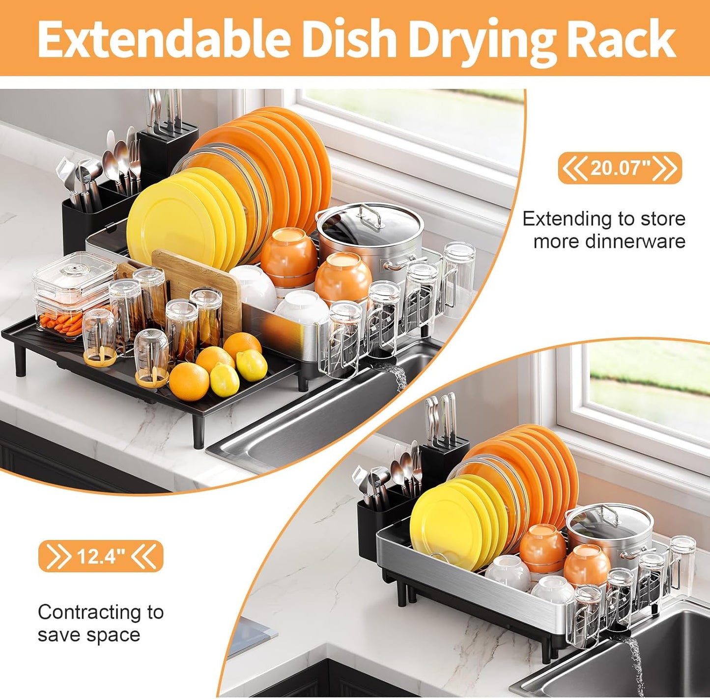 Dish Rack for Kitchen Counter, 304 Stainless Steel Dish Drying Rack, Expandable Dish Drainer