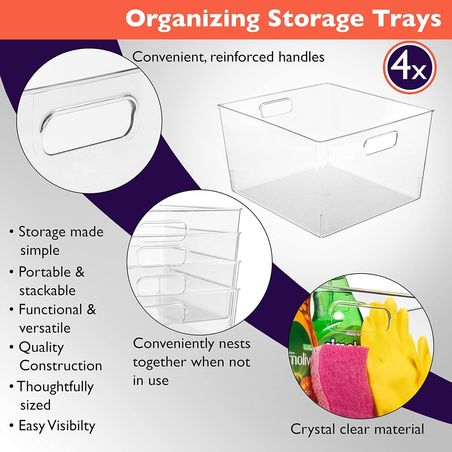 Clear Plastic Storage Bins – XL 4 Pack Perfect for Kitchen,Fridge, Pantry Organization