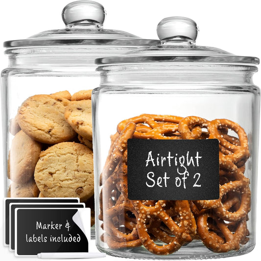 Glass Canister Set for Kitchen Counter + Labels & Marker - Set of 2
