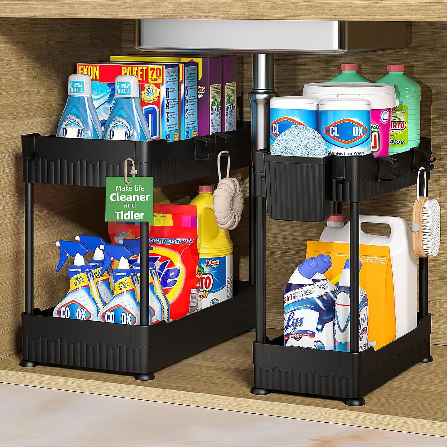2 Pack Under Sink Organizer, Under Bathroom Cabinet Organizer with Hooks Hanging Cup