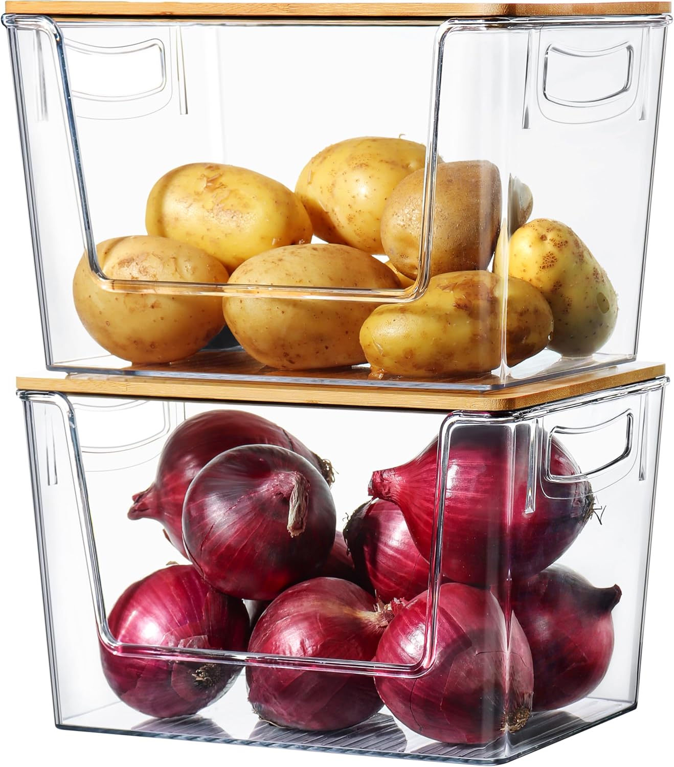 Pantry Organizers Storage, 2 Pack Large Capacity Clear Storage Bins with Bamboo Lids for Onion