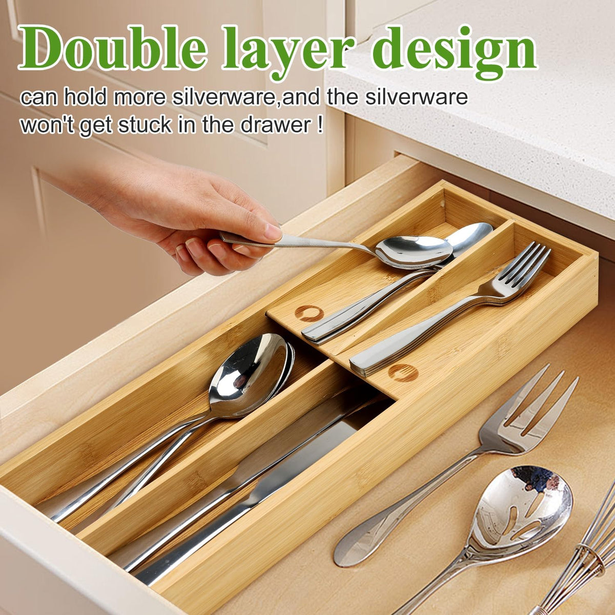 Small Bamboo Skinny Silverware Drawer Organizer Narrow Utens
