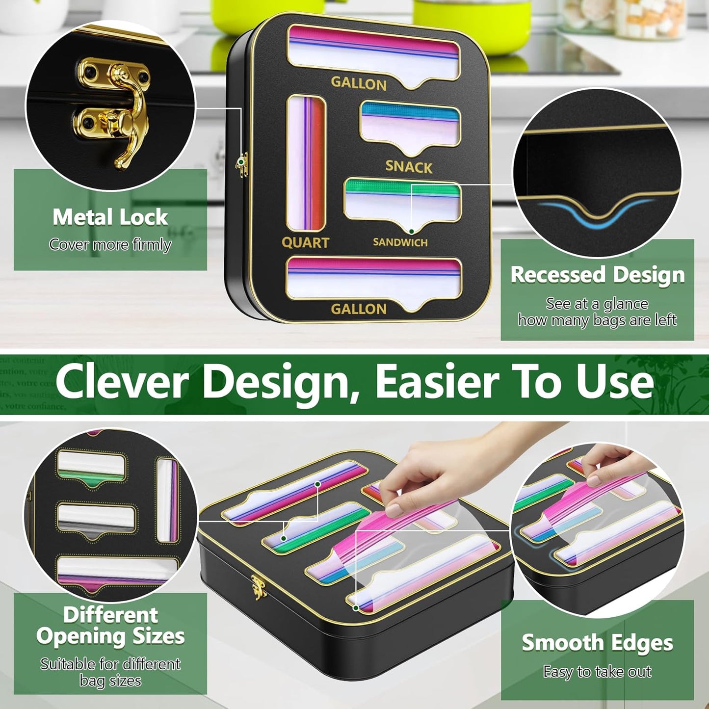 Metal Bag Storage Organizer Kitchen Drawer, Non-Marking Installation of Sandwich Bag Organizer