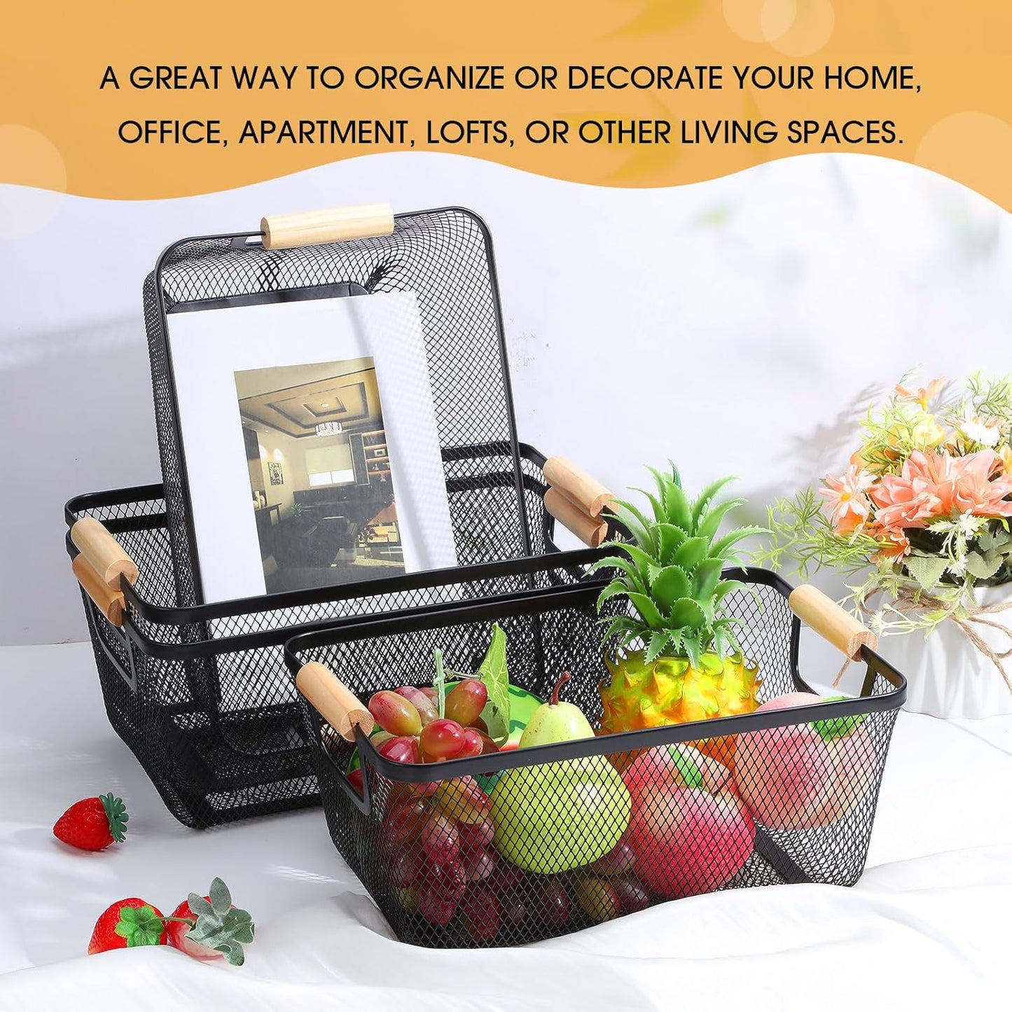 4 Pcs Metal Wire Basket with Wooden Handles Mesh Steel Storage Organizer Bin Containers for Home Organizing Cabinet Pantry Closet Kitchen Fridge Fruit Makeup Snacks Gifts(Medium,Black)