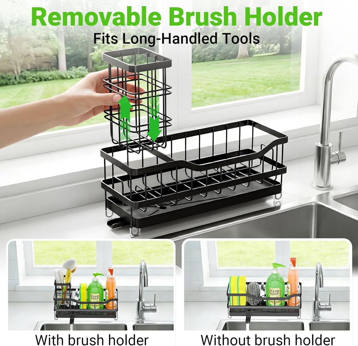 Sponge Holder for Kitchen Sink, Self-Draining Sink Caddy Organizer with Removable Brush Holder