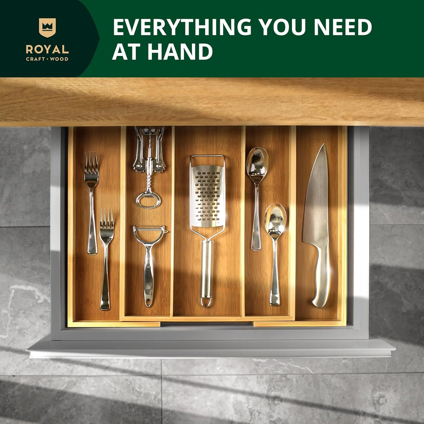 Luxury Bamboo Kitchen Drawer Organizer - Silverware Organizer