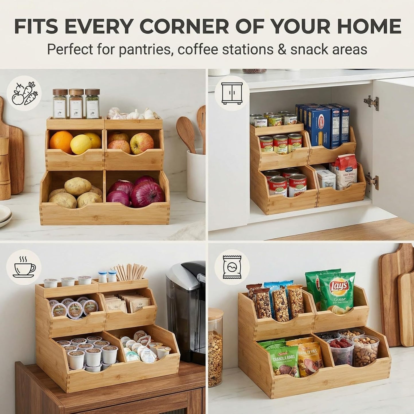 Bamboo Pantry Storage Bins Set 5 Pieces - Stackable Baskets, Potato and Onion Storage