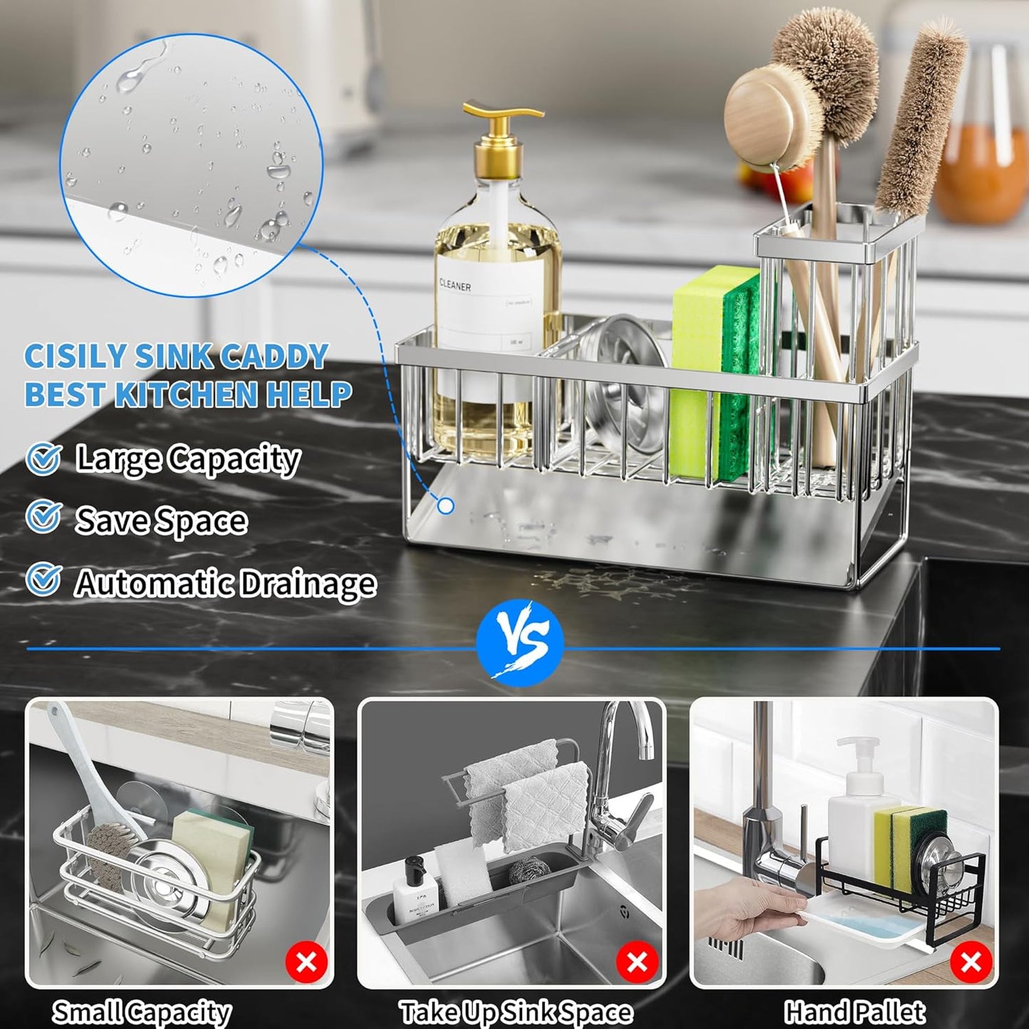 Sink Caddy Sponge Holder for Kitchen, 304 Stainless Steel Rustproof
