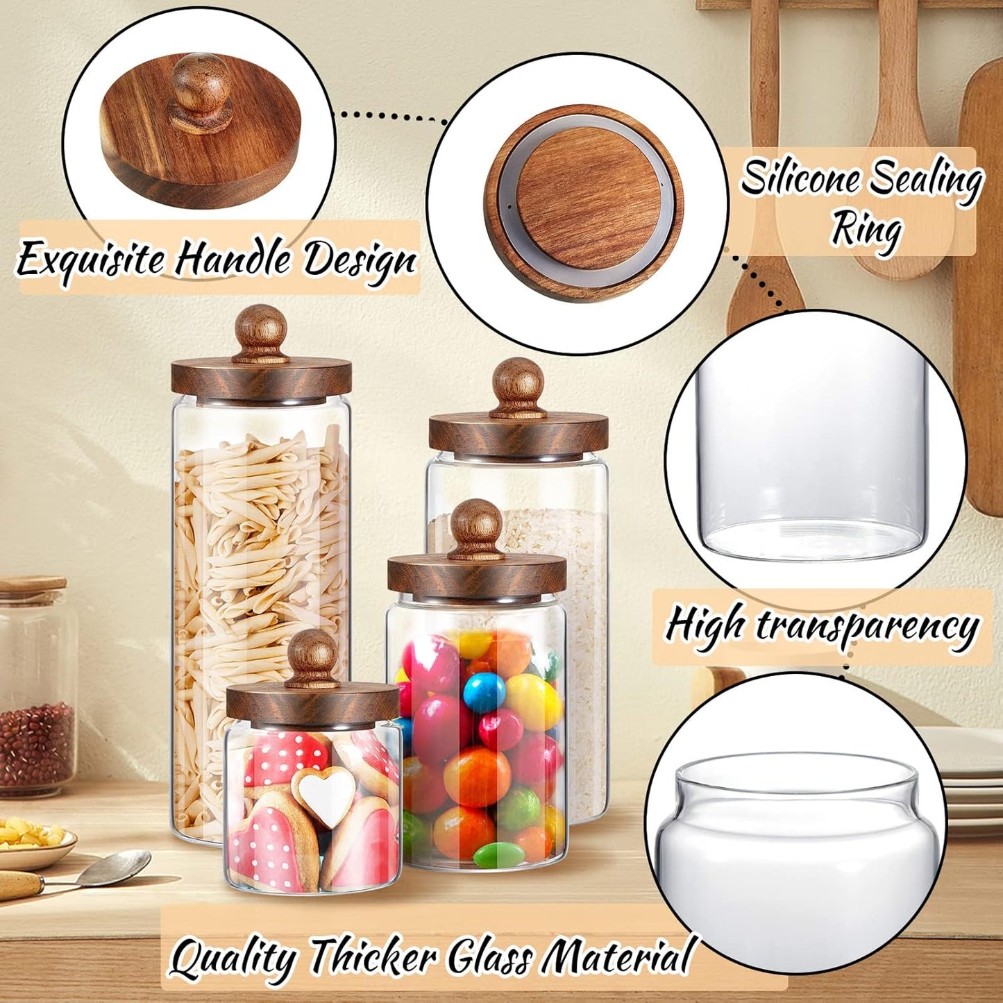 Glass Storage Jars Set of 4, Clear Food Storage Containers with Wooden Lids Airtight Kitchen Canisters with Sticker and Chalk for Candy Cookie Rice Sugar Flour Pasta Nuts Beans Spice, 4 Sizes