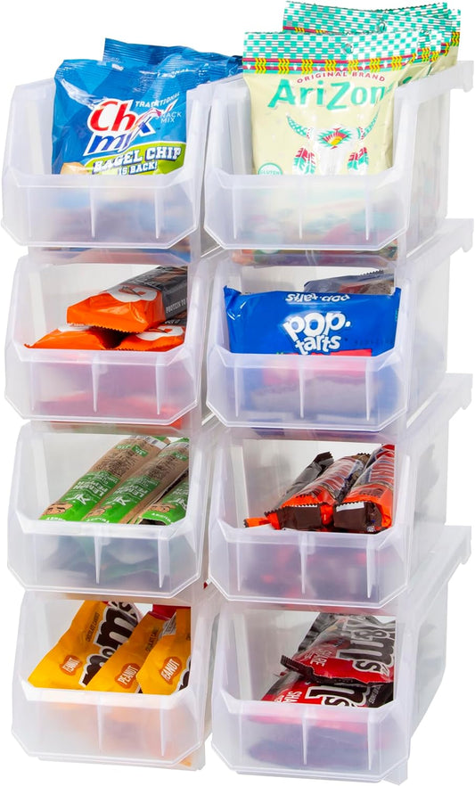 Medium Plastic Storage Bins, Stackable Organizer Containers for Closet Pantry Shelf Garage and Office Organization, Clear, 8 Pack