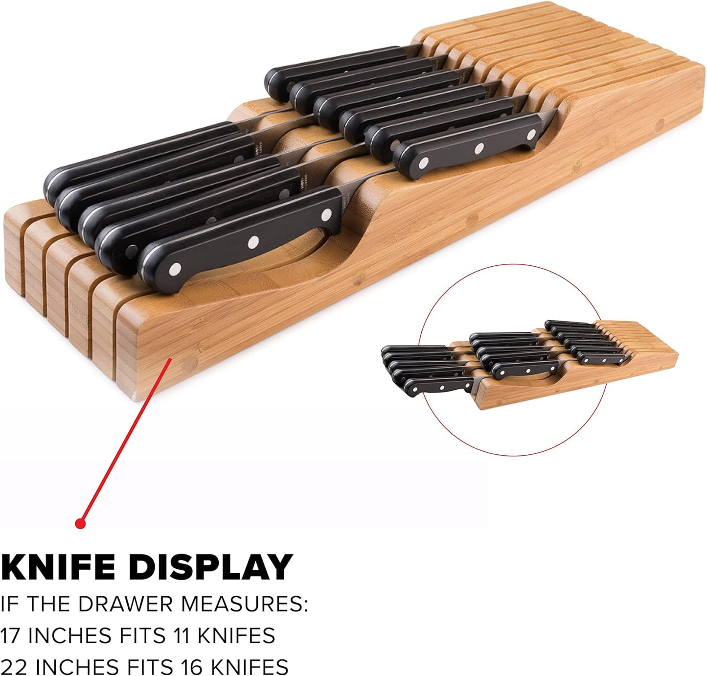 100% Pure Bamboo in Drawer Knife Block | 16 Knife Slots Knife Drawer Organizer | Store Knives Safely with The Blades Down | Storage Solution for Your Kitchen | Knife Organizer Drawer Insert