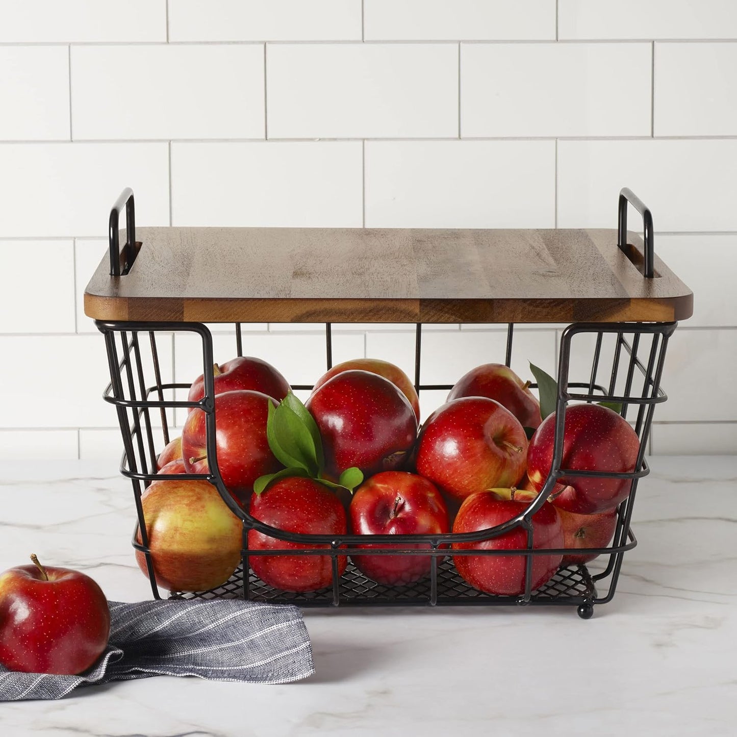 Madam Metal Stacking Nesting Rectangular Basket with Acacia Wood Lid, Space Saving Kitchen