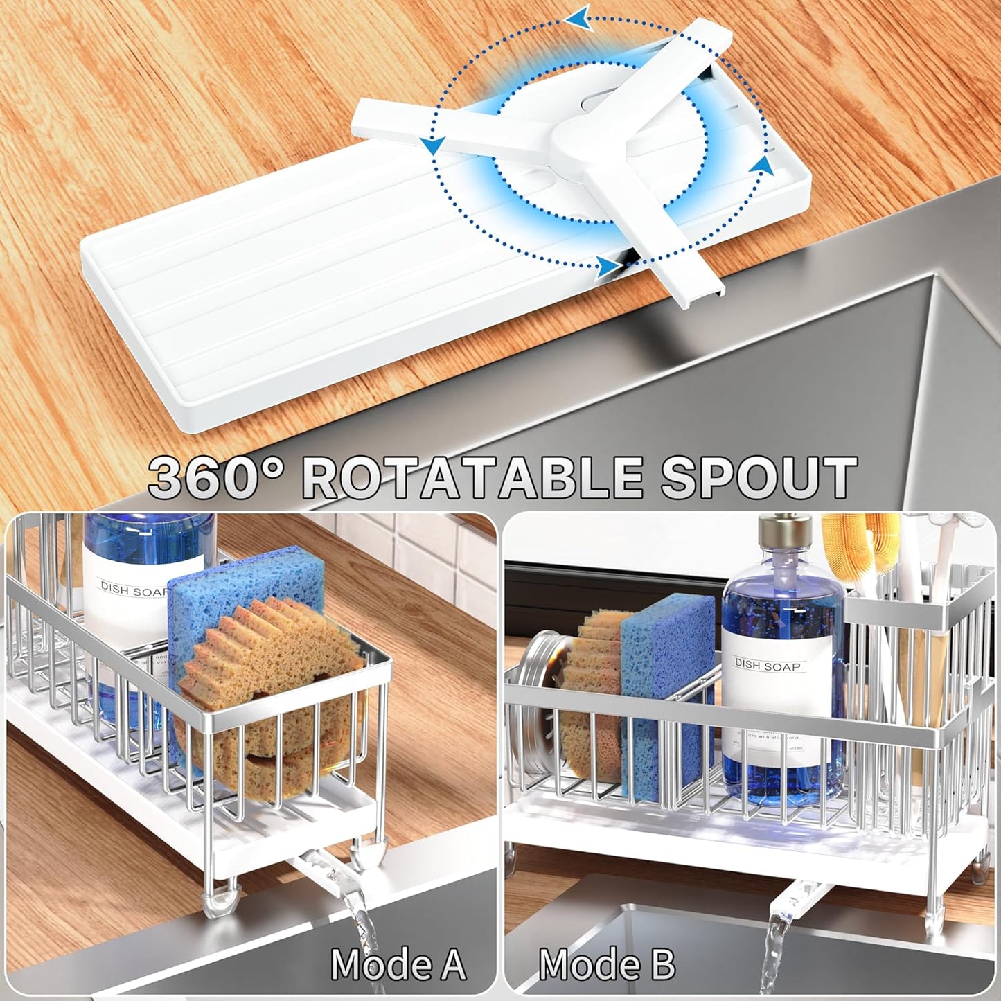 Sponge Holder for Kitchen Sink, Sink Caddy Organizer with High Brush Holder