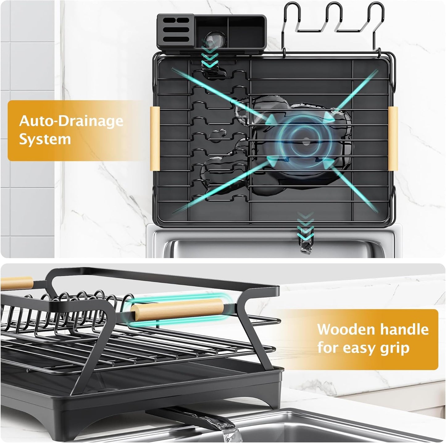 Dish Drying Rack for Kitchen Counter,Space-Saving Dish Rack,Rustproof Dish Drainer with Utensil Holder and Knife Slots for Sink,Kitchen Drying Rack with Wooden Handle and Cup Holder, Black