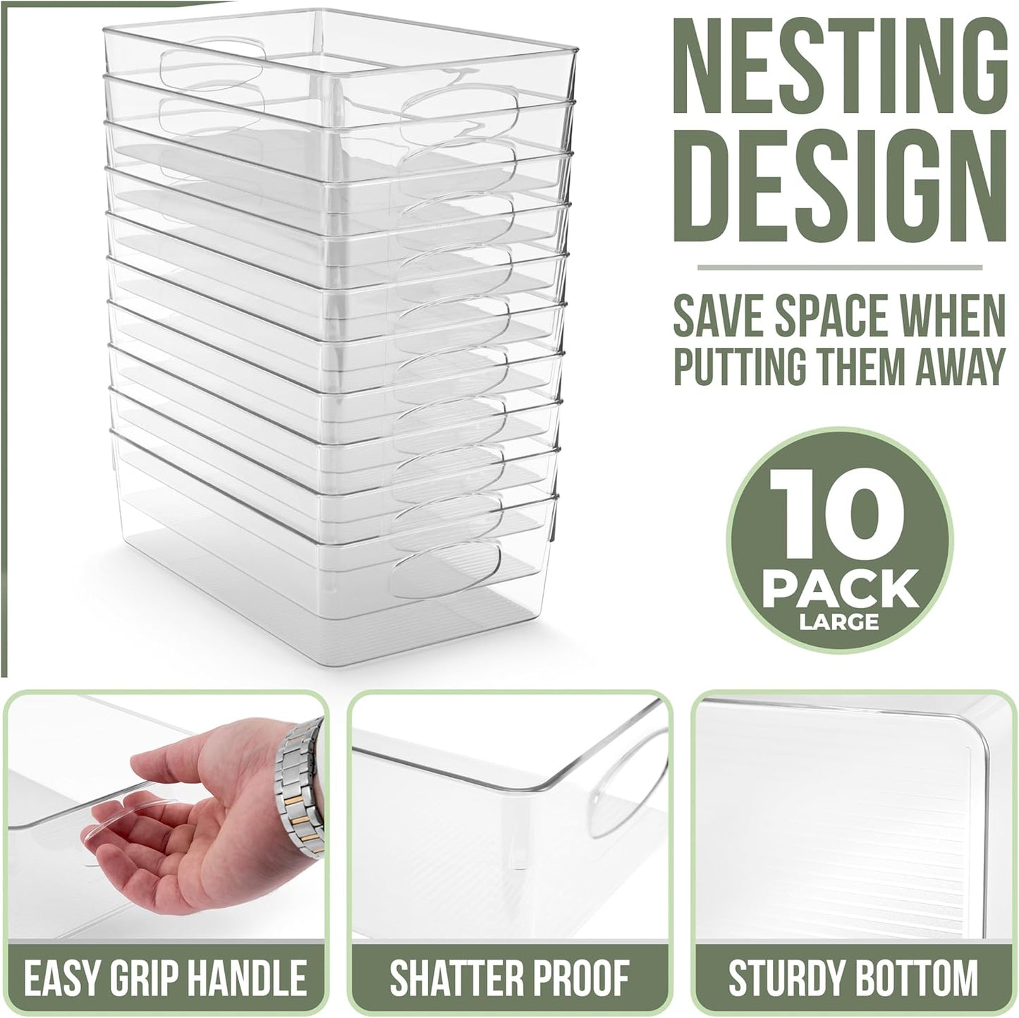 10-Pack Large Clear Plastic Organizing Bins – Clear Bins for Organizing, Refrigerator Organizers