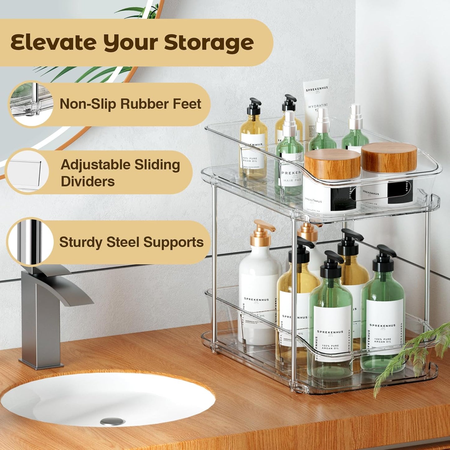 2 Tier Pull-Out Organizer for Bathroom Kitchen, Under Sink Storage with Dividers