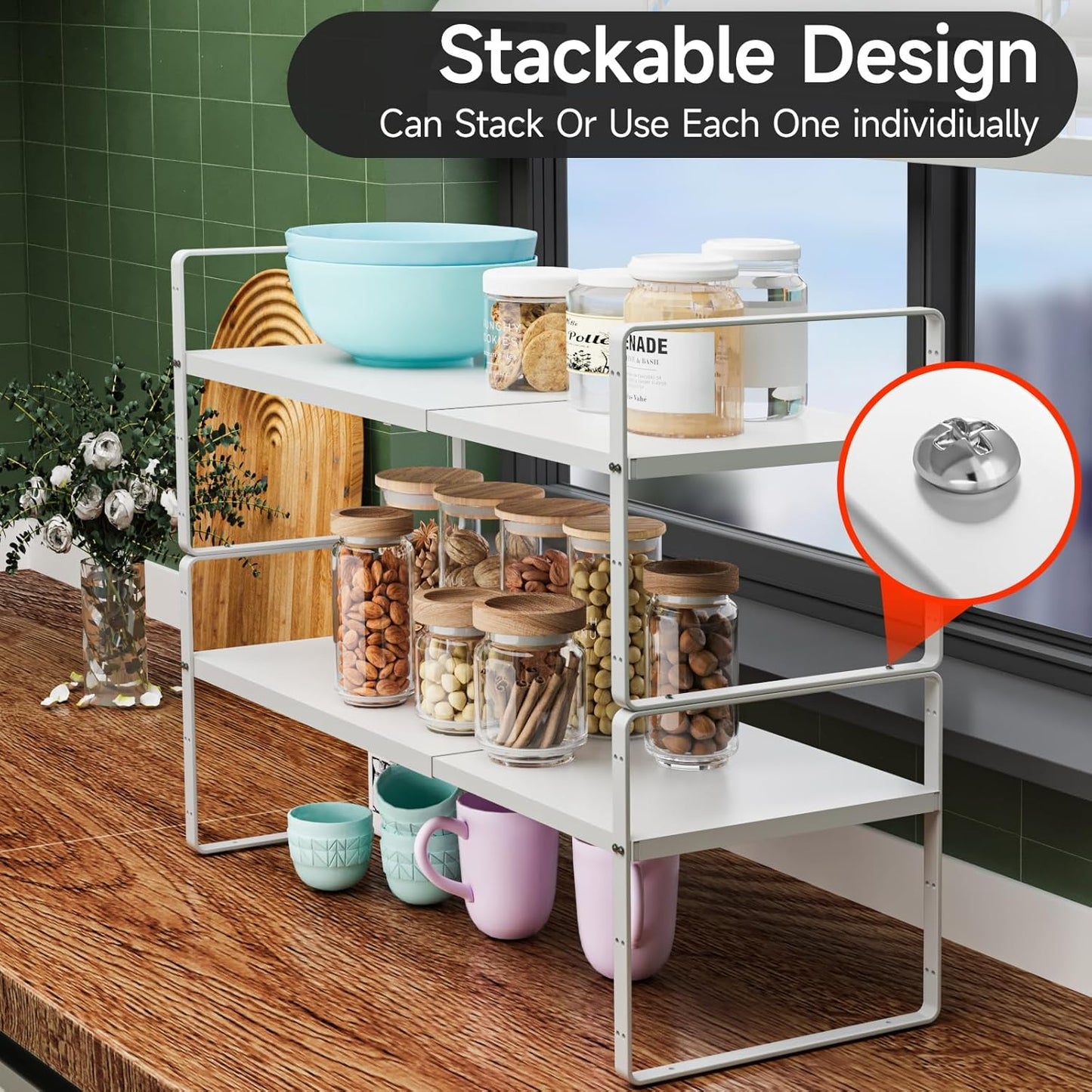 16.5-27’’L Expandable Kitchen Shelf Organizer, Stackable Shelves Organizer