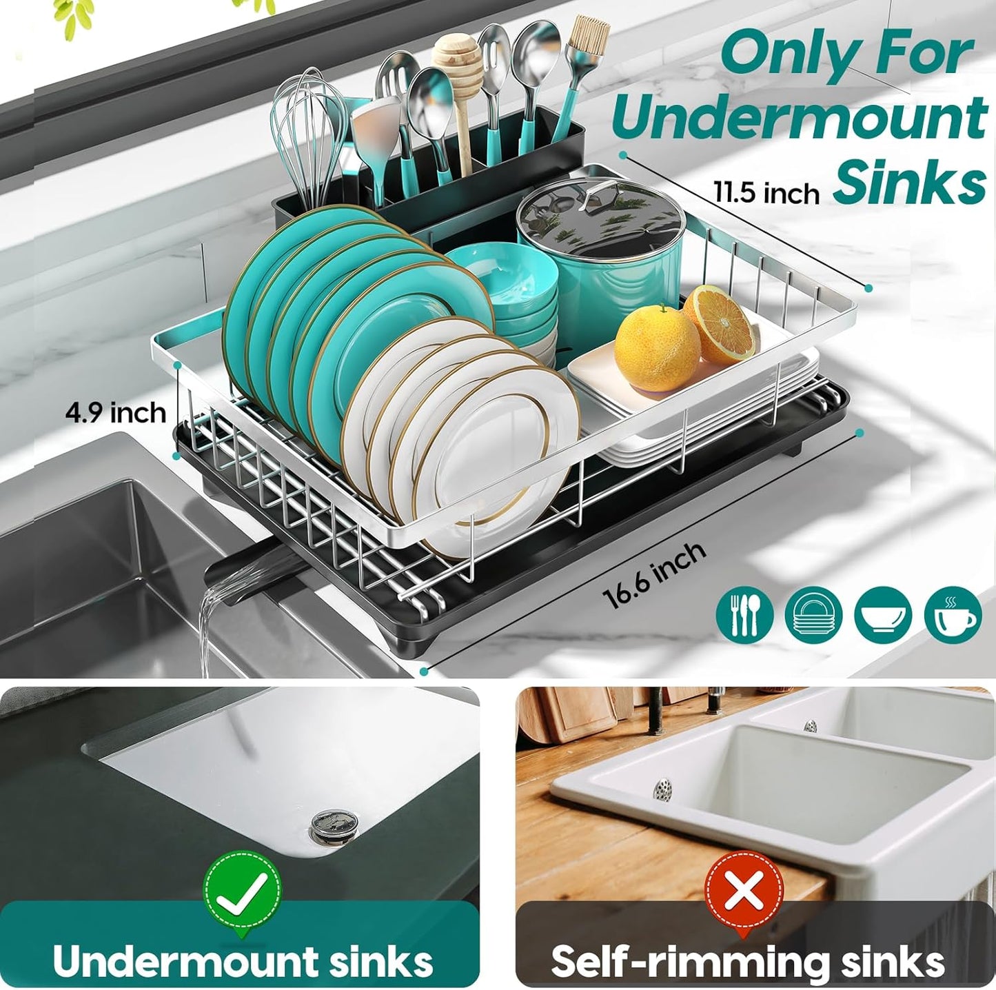 Stainless Steel Dish Drying Rack for Kitchen Counter Sink，Rustproof Stainless Steel Dish Rack with Large 3-Compartment Utensil Holder