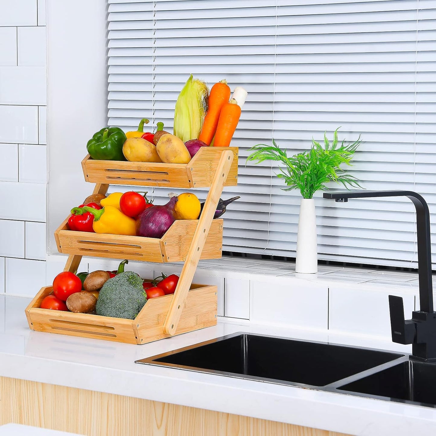 Fruit Basket, 3 Tier Bamboo Fruit Bowl for Kitchen, Stand Storage Holder