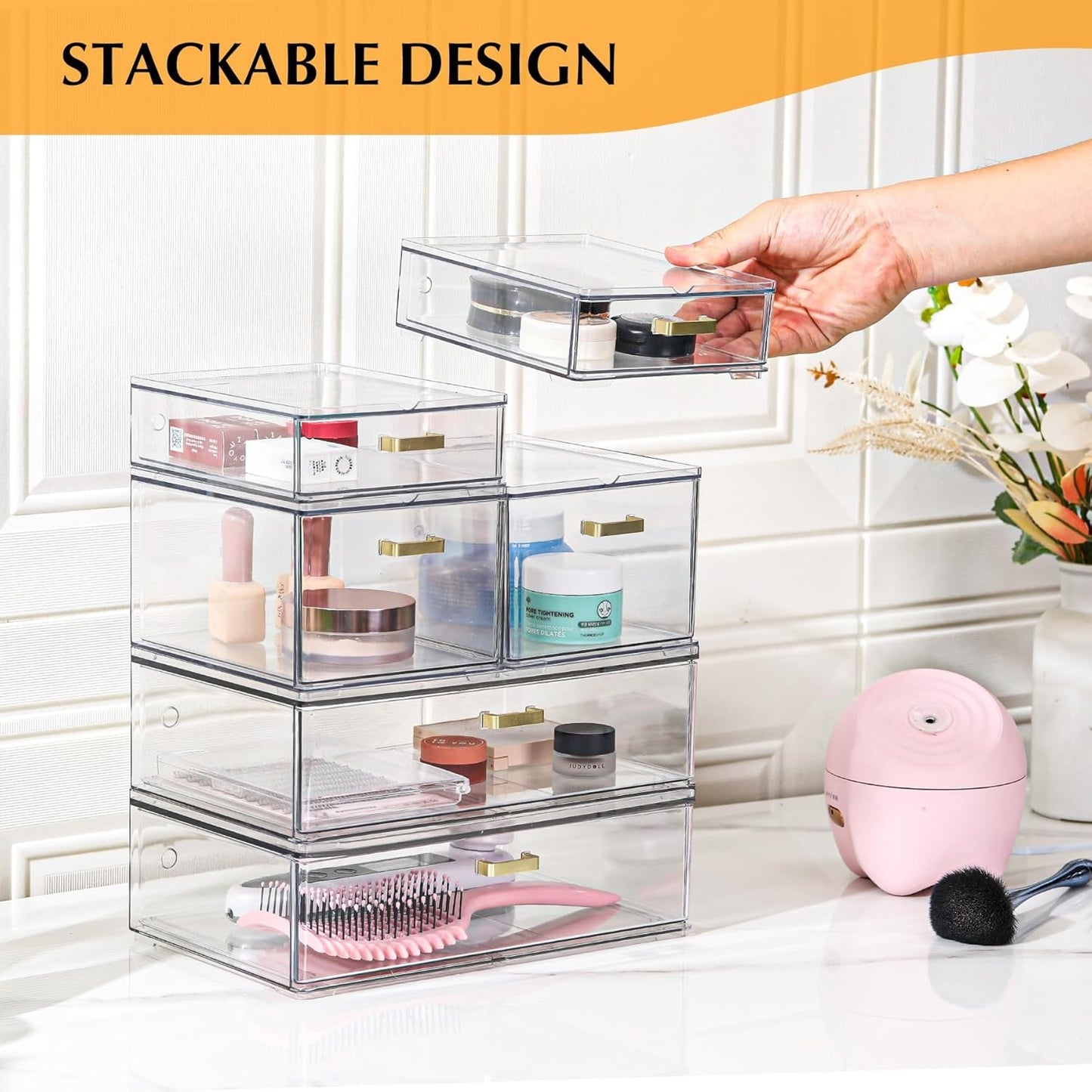 Stackable Storage Drawers, 6 Pack Clear Acrylic Organizer Bins with Golden Handles
