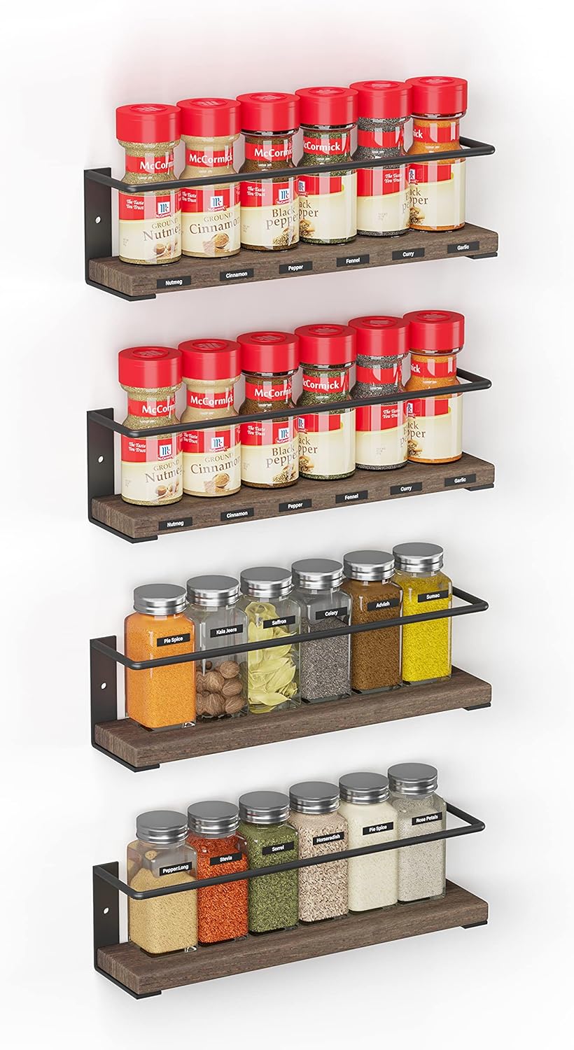 Spice Rack Organizer for Cabinet Door or Wall Mount (4 Pack) with 415 Spice Labels