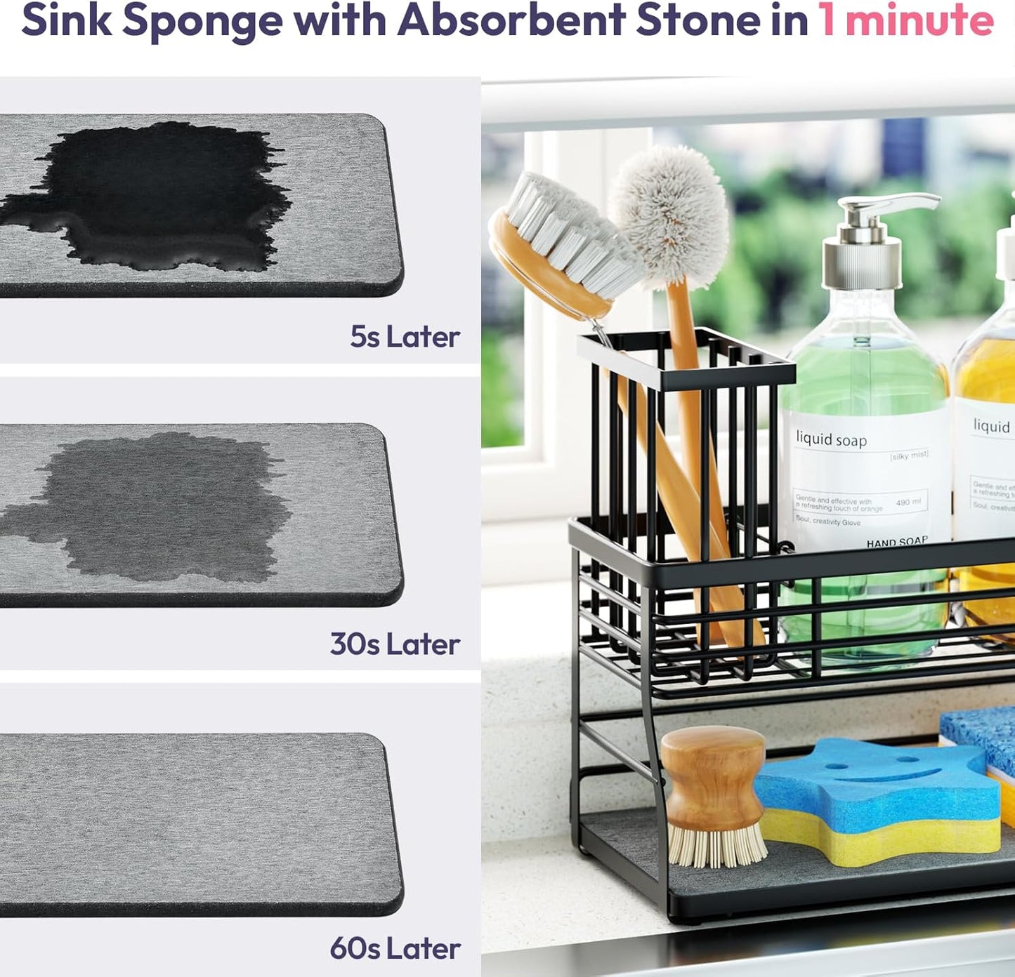 Sponge Holder for Kitchen Sink - 2 Tier Rustproof Sink Caddy with Instant Drying Stone