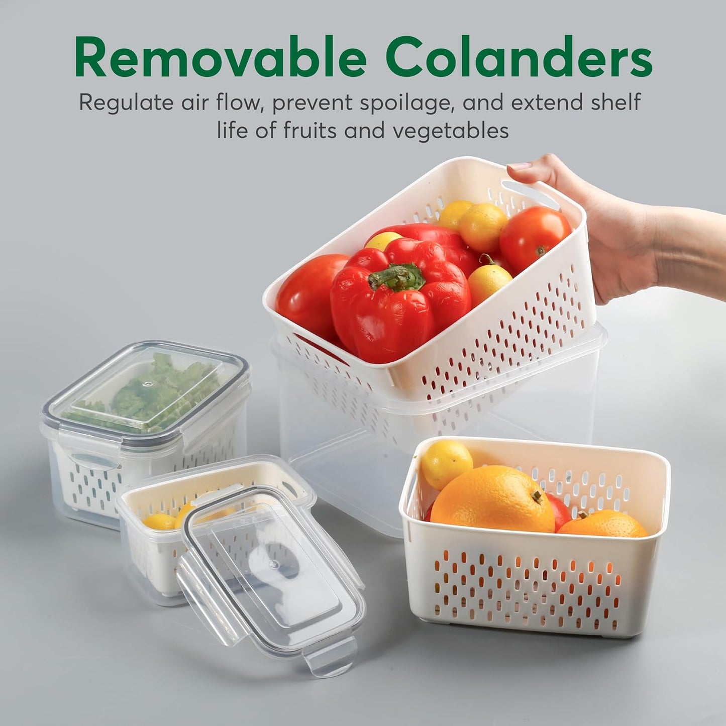 5 Set Fruit Storage Containers for Fridge with Colanders Dishwasher Safe