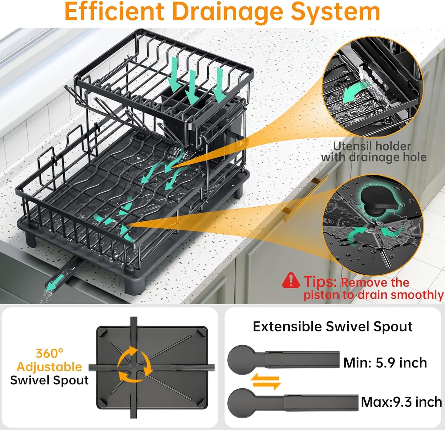 Dish Drying Rack, 2 Tier Dish Racks for Kitchen Counter, Compact Drying Rack Kitchen