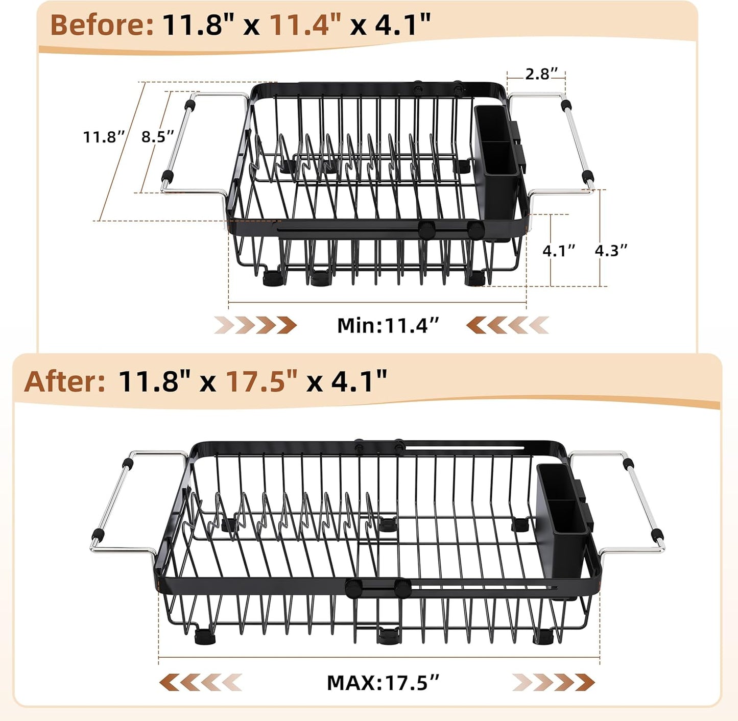 Expandable Dish Drying Rack Over The Sink Small Metal Stainless Steel Plate Holder for Compact Kitchen, Space Saving Modern Black Hanging Drainer