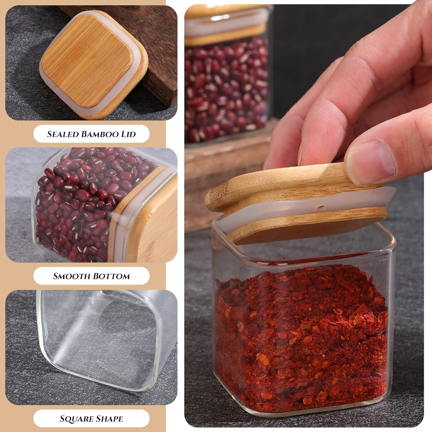 Set of 24 Airtight Square Spice Containers 4 oz Glass Spice Jars with Bamboo Lid Small Seasoning Jars Empty Food Storage Containers for Pantry Clear Food Canisters for Kitchen Sugar Coffee