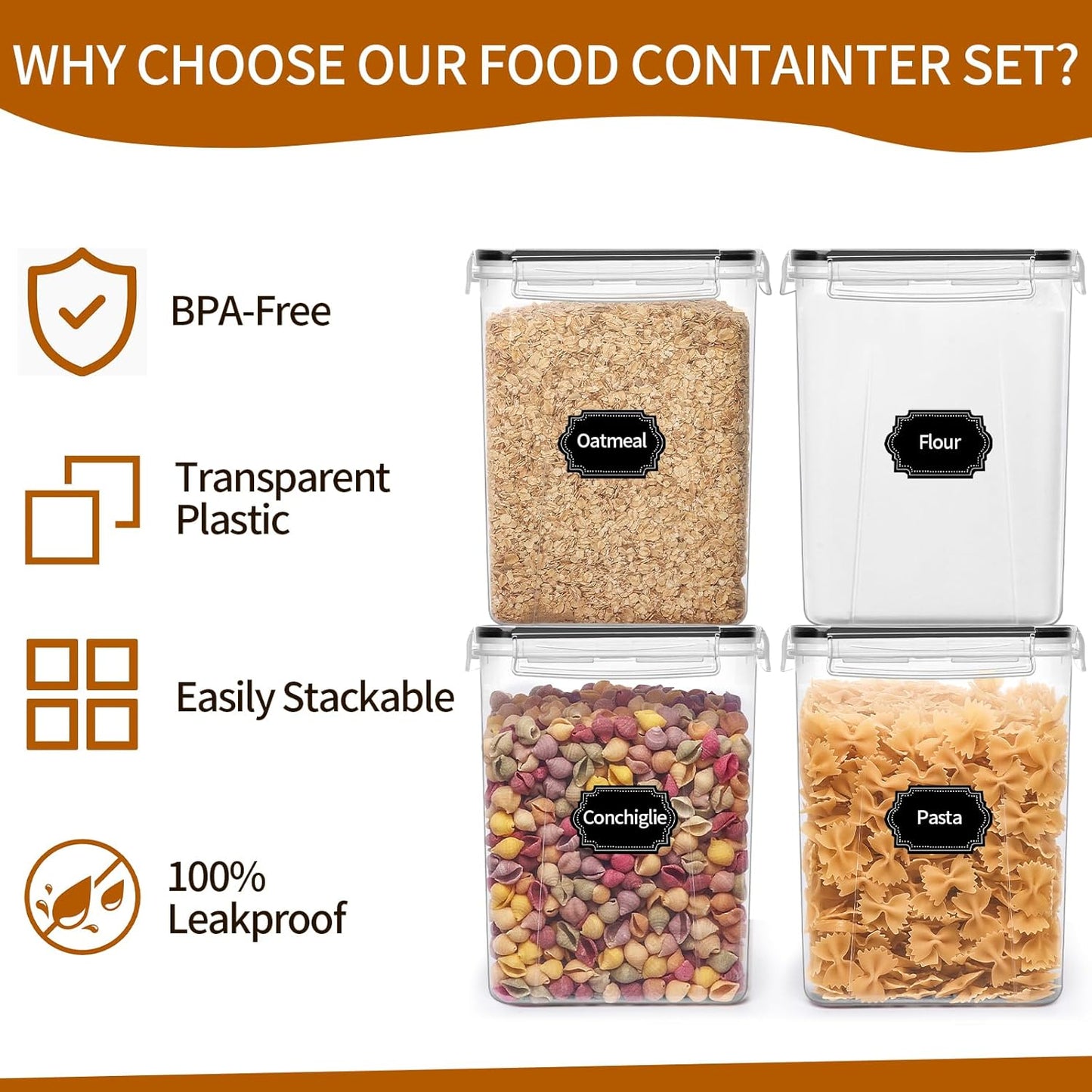 4 Pack Large Airtight Food Storage Containers with Lids (5.2L / 176oz)
