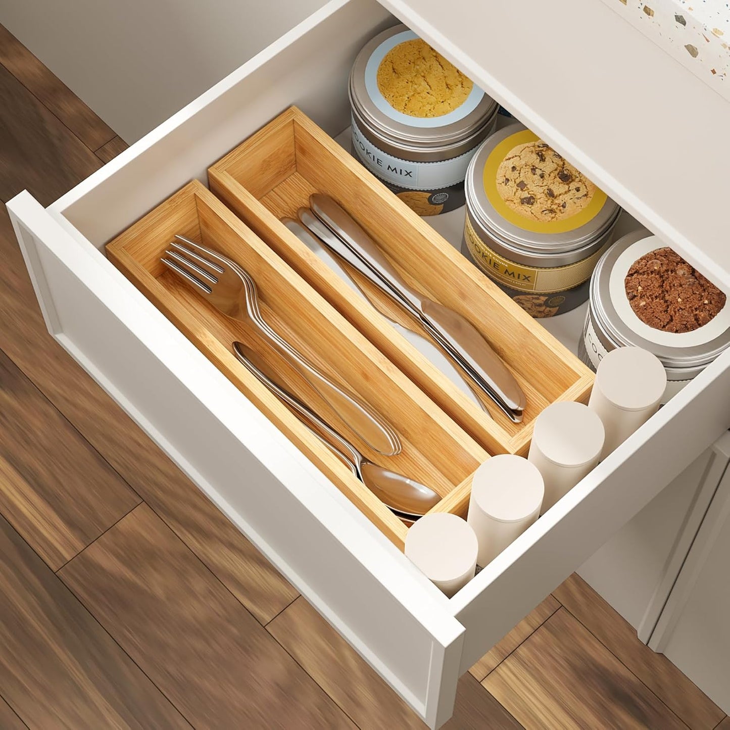 Kitchen Drawer Organizer,Small Silverware Drawer Organizer,Bamboo Utensil Organizer for Bathroom
